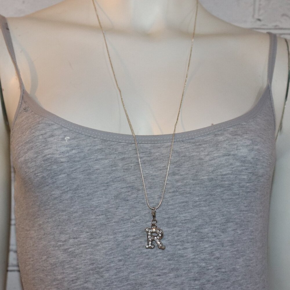Beautiful silver necklace with R rhinestone charm/pendant 30"